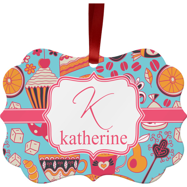 Custom Dessert & Coffee Metal Frame Ornament - Double Sided w/ Name and Initial