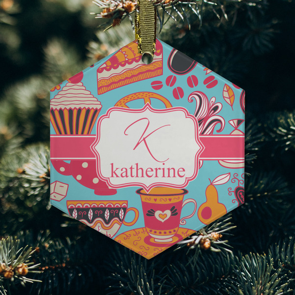 Dessert & Coffee Frosted Glass Ornament - Hexagon (Lifestyle)
