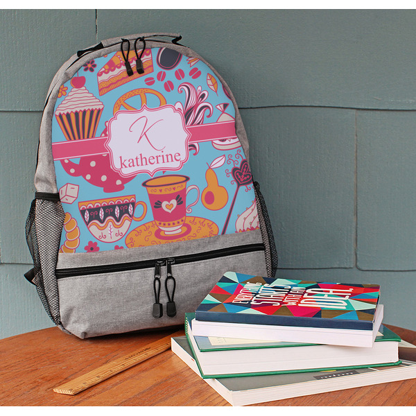 Dessert & Coffee Large Backpack - Gray - On Desk