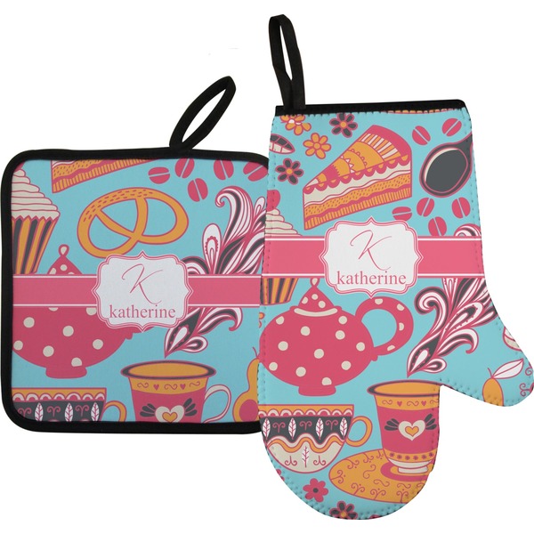 Custom Dessert & Coffee Right Oven Mitt & Pot Holder Set w/ Name and Initial