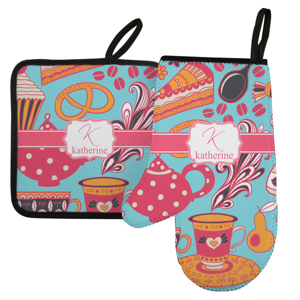 Custom Dessert & Coffee Left Oven Mitt & Pot Holder Set w/ Name and Initial