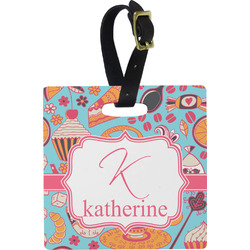 Dessert & Coffee Plastic Luggage Tag - Square w/ Name and Initial