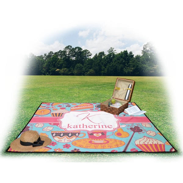 Dessert & Coffee Picnic Blanket - with Basket Hat and Book - in Use