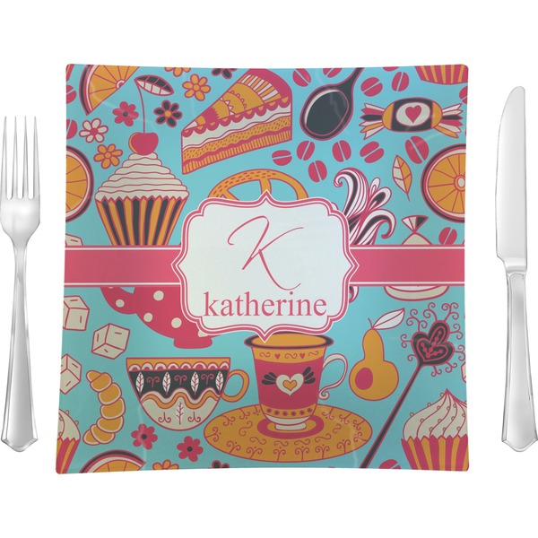 Custom Dessert & Coffee 9.5" Glass Square Lunch / Dinner Plate- Single or Set of 4 (Personalized)
