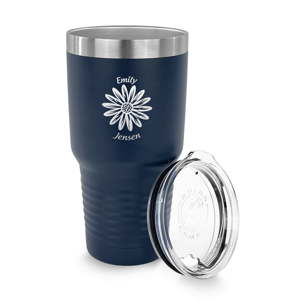 Daisies 30 oz Stainless Steel Ringneck Tumblers - Navy - LID OFF