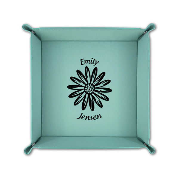 Daisies 6" x 6" Teal Leatherette Snap Up Tray - FOLDED UP