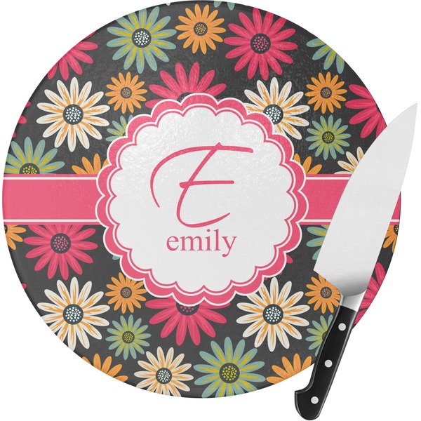 Custom Daisies Round Glass Cutting Board - Small (Personalized)