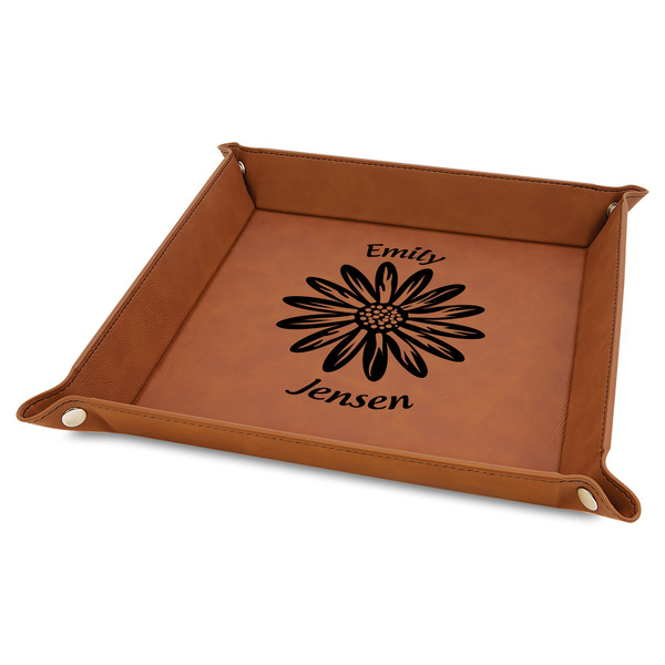 Custom Daisies 9" x 9" Leather Valet Tray w/ Name and Initial