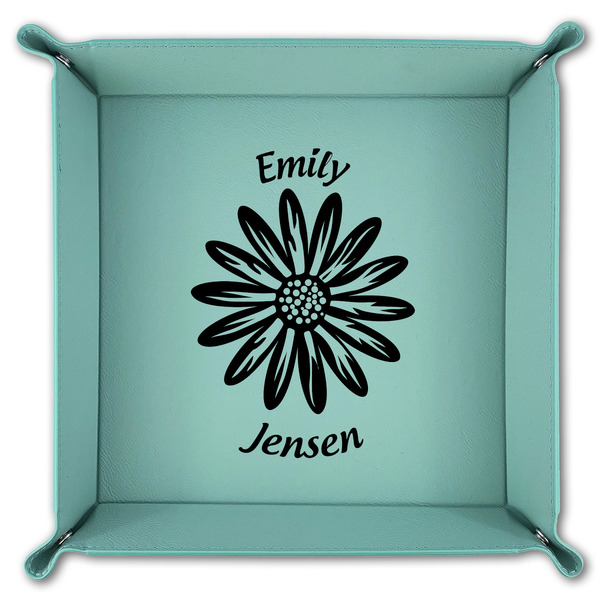 Daisies 9" x 9" Teal Leatherette Snap Up Tray - FOLDED