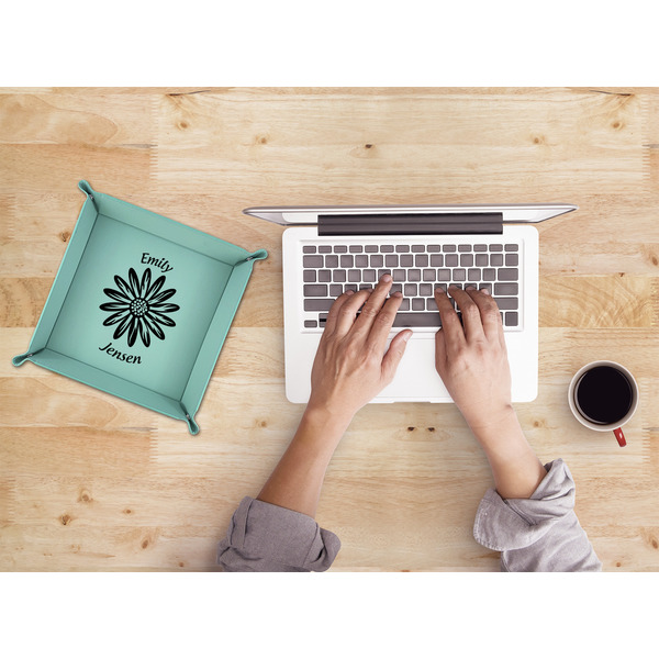 Daisies 9" x 9" Teal Leatherette Snap Up Tray - LIFESTYLE