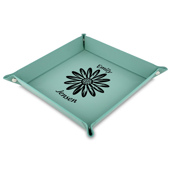 Custom Daisies Faux Leather Dice Tray - 9" x 9"  - Teal (Personalized)