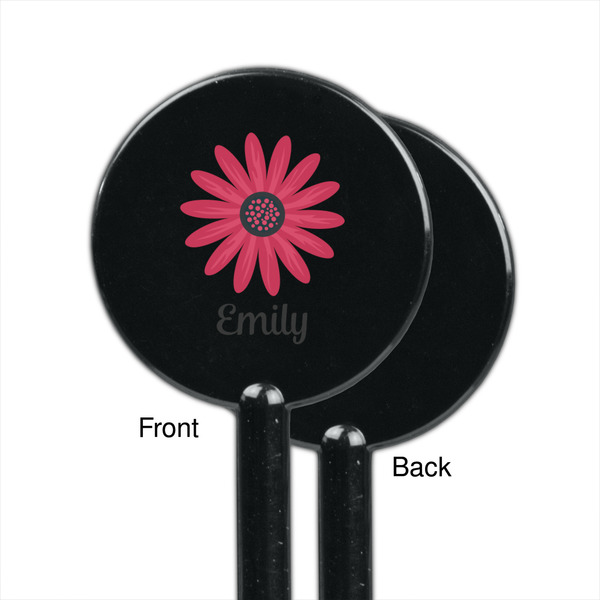 Daisies Black Plastic 5.5" Stir Stick - Single Sided - Round - Front & Back
