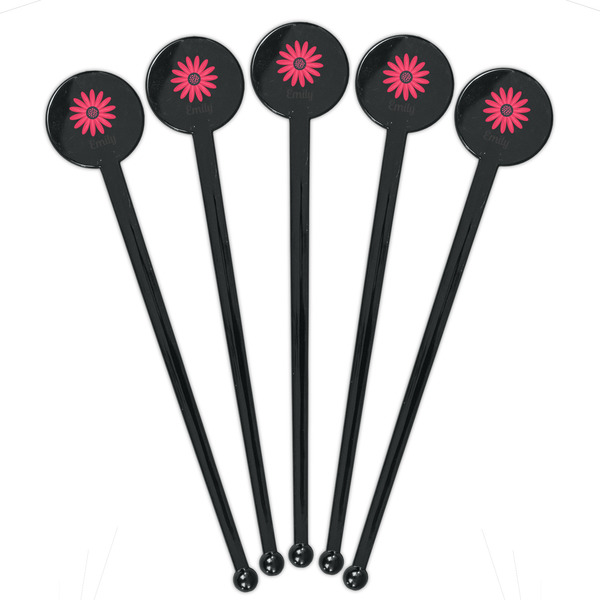 Daisies Black Plastic 7" Stir Stick - Round - Fan View