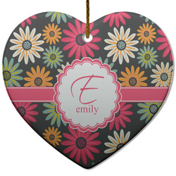 Daisies Heart Ceramic Ornament w/ Name and Initial