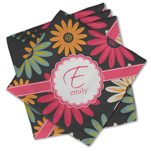 Custom Daisies Cloth Cocktail Napkins - Set of 4 w/ Name and Initial