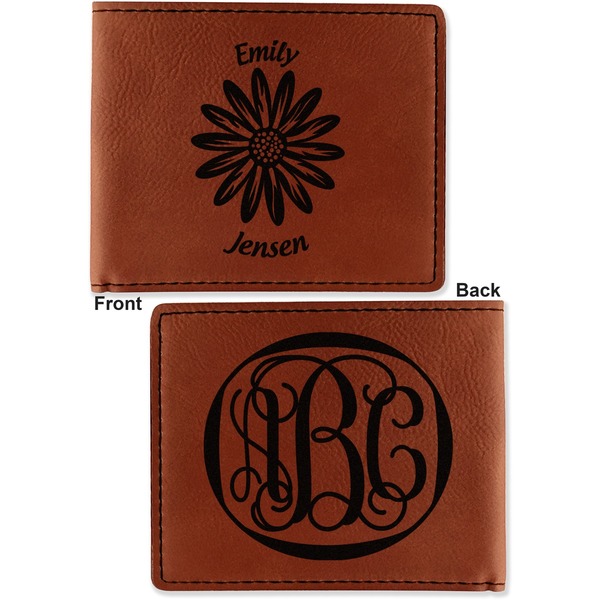 Daisies Cognac Leatherette Bifold Wallets - Front and Back