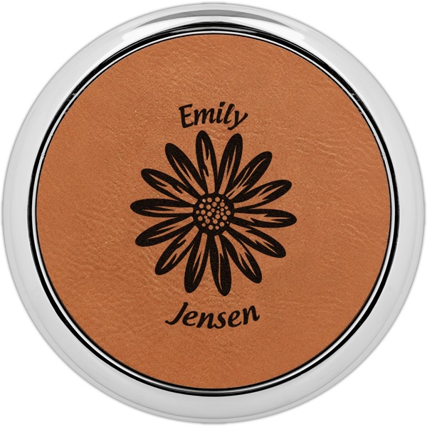 Custom Daisies Set of 4 Leatherette Round Coasters w/ Silver Edge (Personalized)