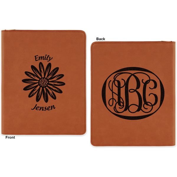 Daisies Cognac Leatherette Zipper Portfolios with Notepad - Double Sided - Apvl