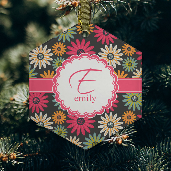 Daisies Frosted Glass Ornament - Hexagon (Lifestyle)