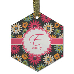 Daisies Flat Glass Ornament - Hexagon w/ Name and Initial