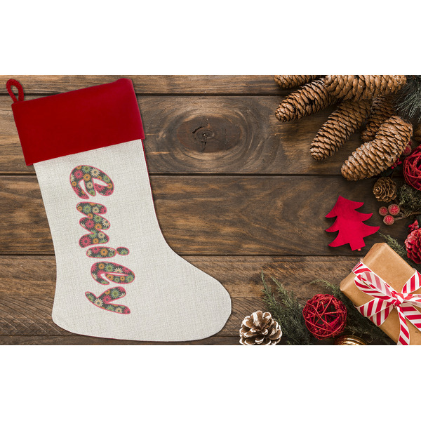 Daisies Linen Stocking w/Red Cuff - Flat Lay (LIFESTYLE)