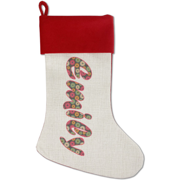Custom Daisies Red Linen Stocking (Personalized)