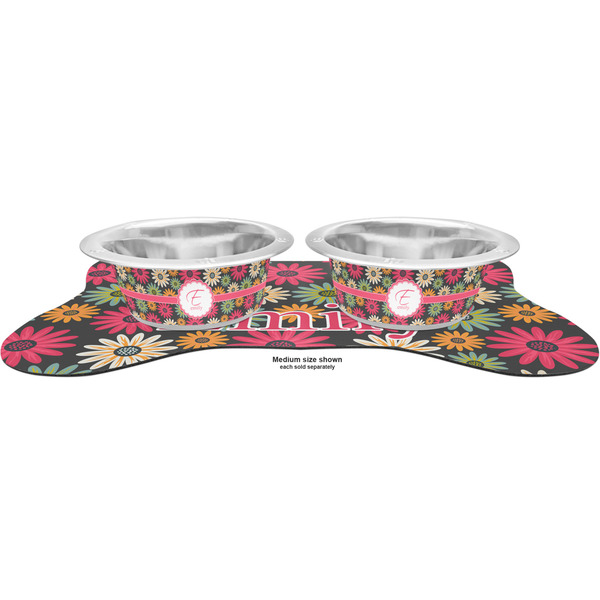 Daisies Metal Pet Bowls - On Dog Bone Shaped Mat
