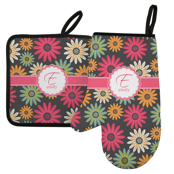 Custom Daisies Left Oven Mitt & Pot Holder Set w/ Name and Initial