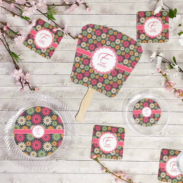 Daisies Party Supplies Combination Image - All items - Plates, Coasters, Fans