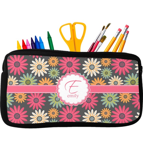 Custom Daisies Neoprene Pencil Case - Small w/ Name and Initial