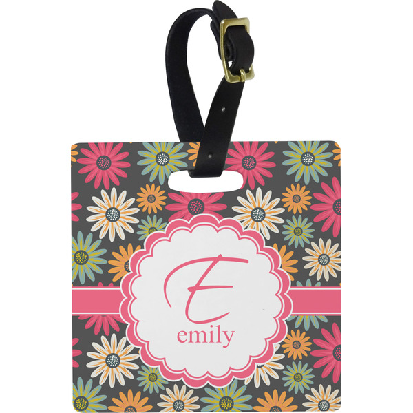 Custom Daisies Plastic Luggage Tag - Square w/ Name and Initial