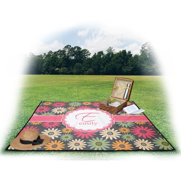 Daisies Picnic Blanket - with Basket Hat and Book - in Use
