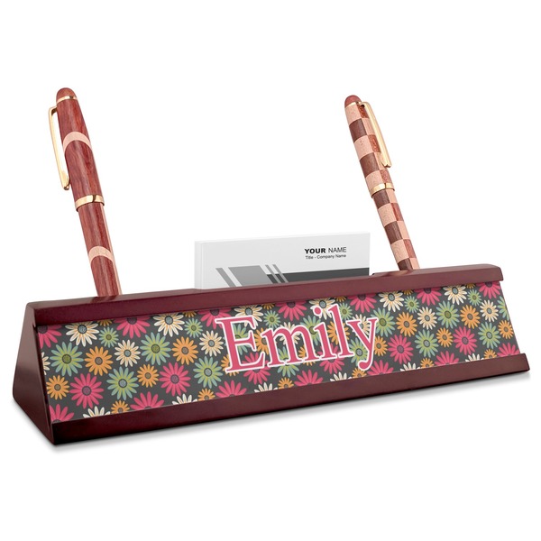 Custom Daisies Red Mahogany Nameplate with Business Card Holder (Personalized)