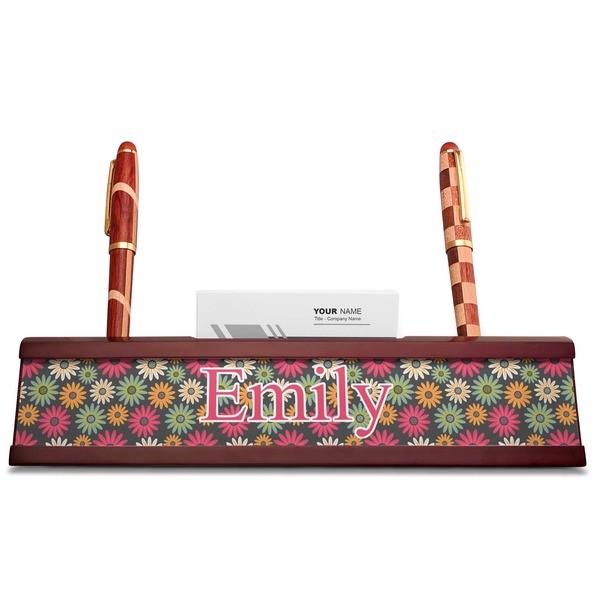 Daisies Red Mahogany Nameplates with Business Card Holder - Straight