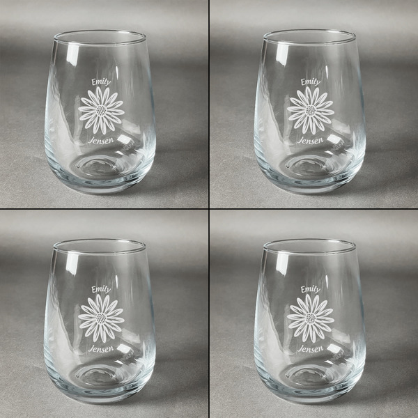 Daisies Set of Four Personalized Stemless Wineglasses (Approval)