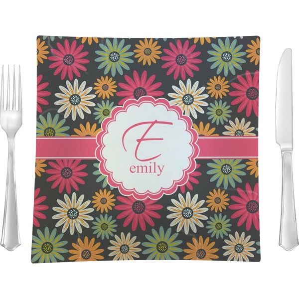 Custom Daisies 9.5" Glass Square Lunch / Dinner Plate- Single or Set of 4 (Personalized)
