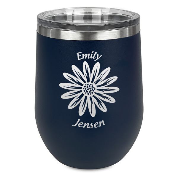 Custom Daisies Stemless Stainless Steel Wine Tumbler - Navy - Single Sided (Personalized)