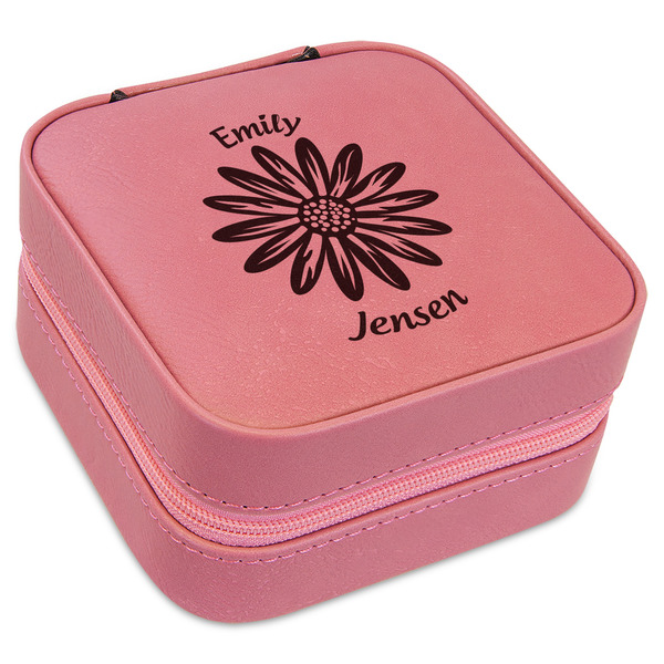 Custom Daisies Travel Jewelry Boxes - Pink Leather (Personalized)