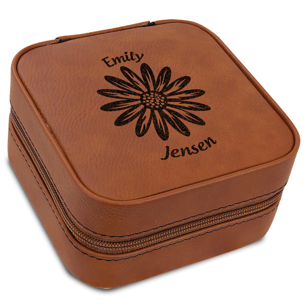 Custom Daisies Travel Jewelry Box - Rawhide Leather (Personalized)