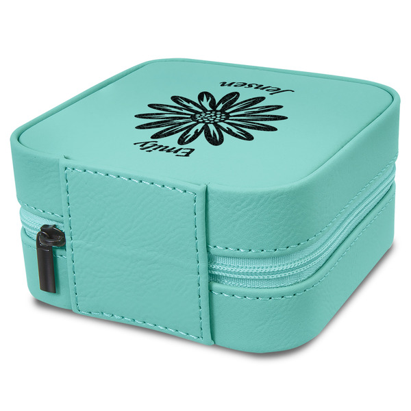 Daisies Travel Jewelry Boxes - Leather - Teal - View from Rear