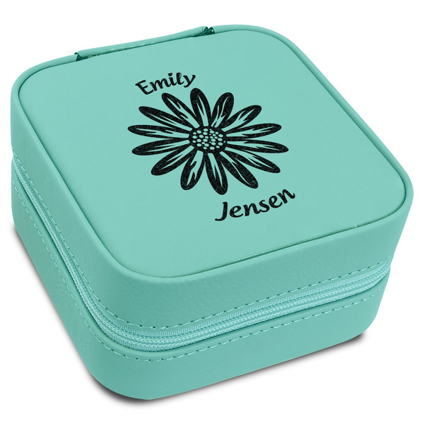 Custom Daisies Travel Jewelry Box - Teal Leather (Personalized)