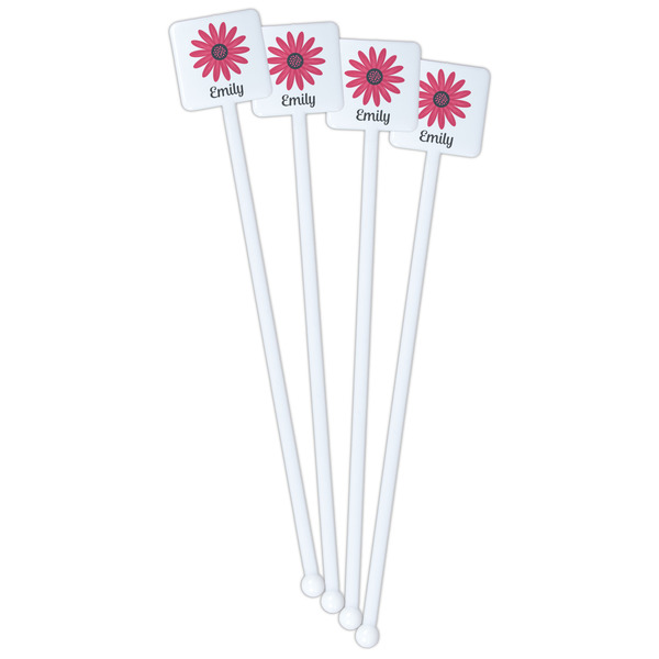 Daisies White Plastic Stir Stick - Single Sided - Square - Front