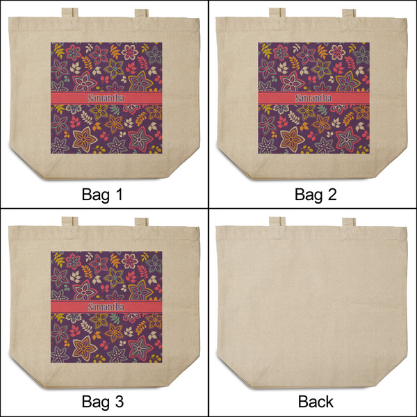Simple Floral 3 Reusable Cotton Grocery Bags - Front & Back View