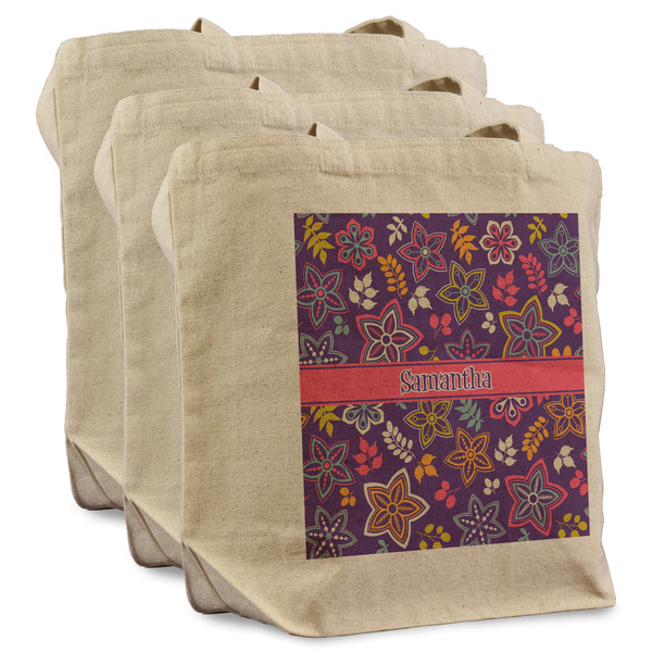 Custom Simple Floral Reusable Cotton Grocery Bags - Set of 3 (Personalized)