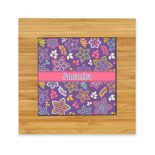 Custom Simple Floral Bamboo Trivet with Ceramic Tile Insert (Personalized)