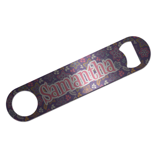 Custom Simple Floral Bar Bottle Opener - Silver w/ Name or Text