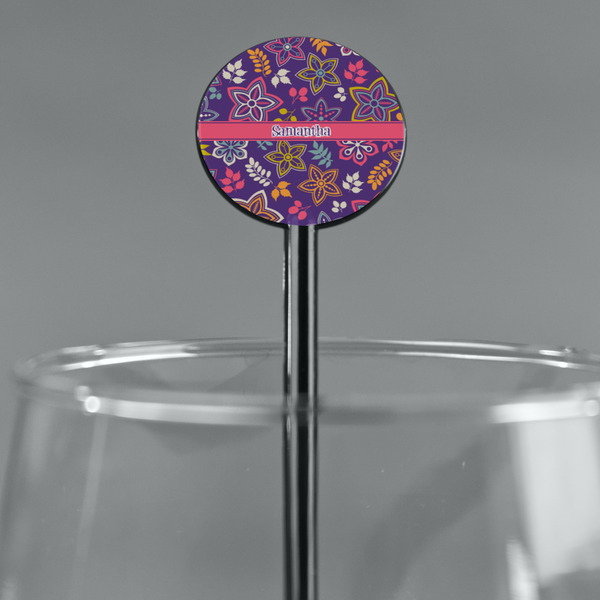 Simple Floral Black Plastic 5.5" Stir Stick - Round - Main