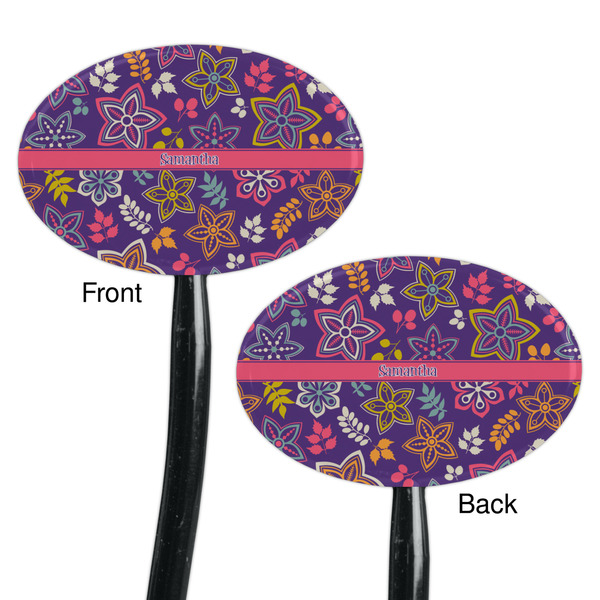 Simple Floral Black Plastic 7" Stir Stick - Double Sided - Oval - Front & Back