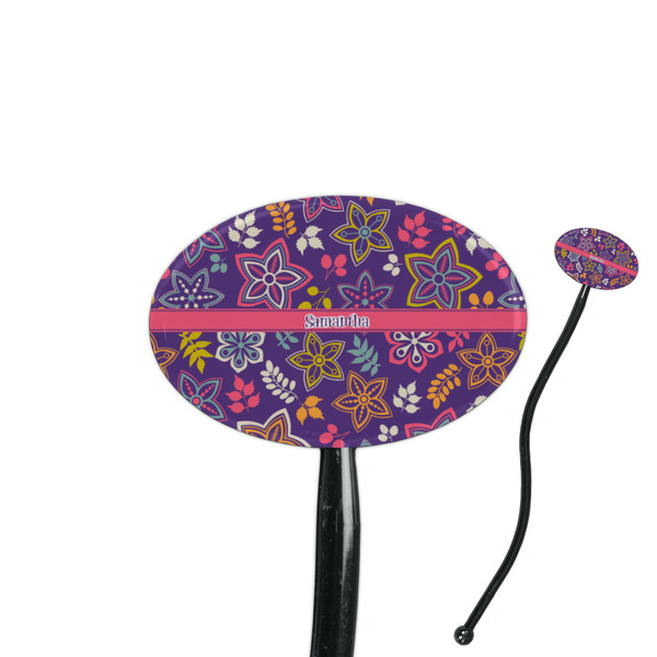 Custom Simple Floral 7" Oval Plastic Stir Sticks - Black - Double Sided (Personalized)
