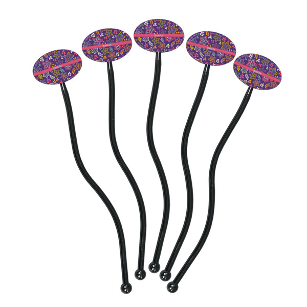 Simple Floral Black Plastic 7" Stir Stick - Oval - Fan